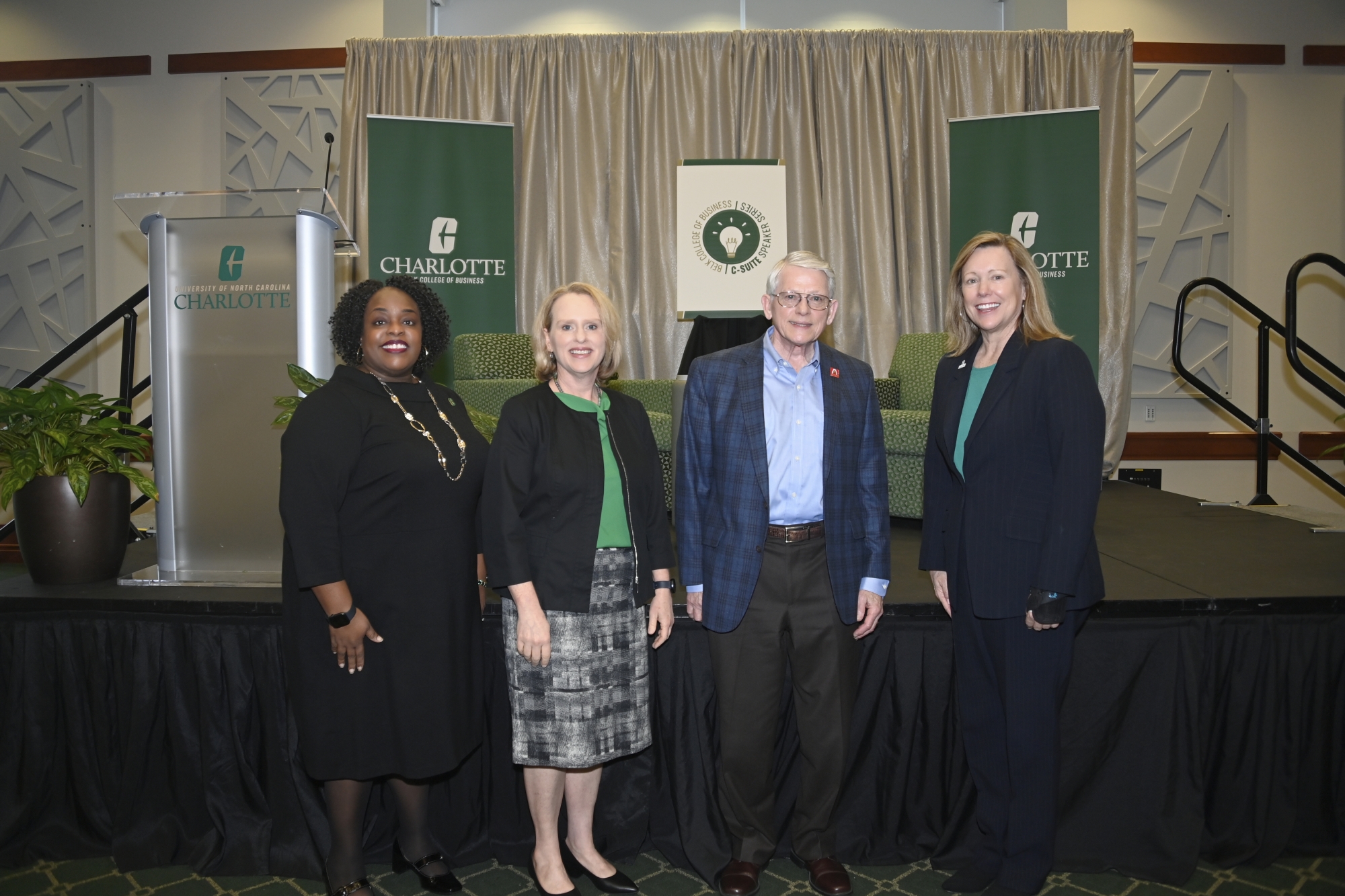 Left to right, Dr. Natasha Randle, Dean Jennifer Troyer, Autobell CEO Chuck Howard '71, and Chancellor Sharon Gaber